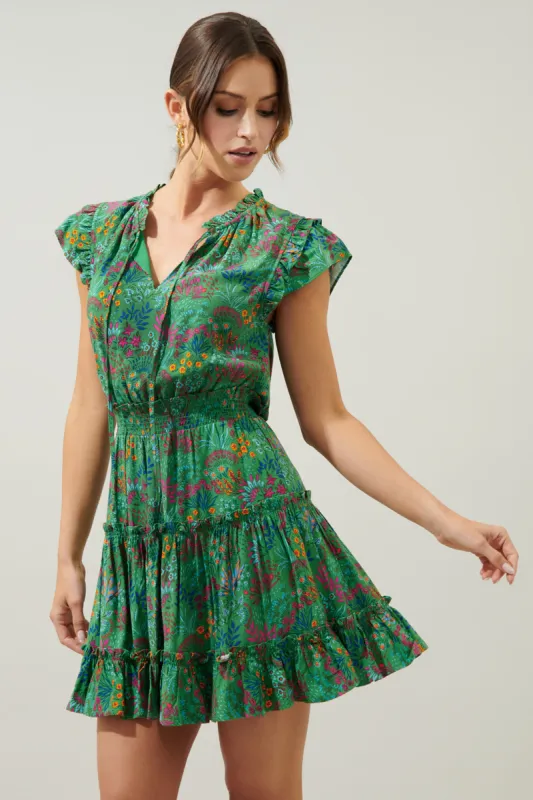 Ruya Floral Split Neck Toledo Tiered Mini Dress sold by Sugarlips