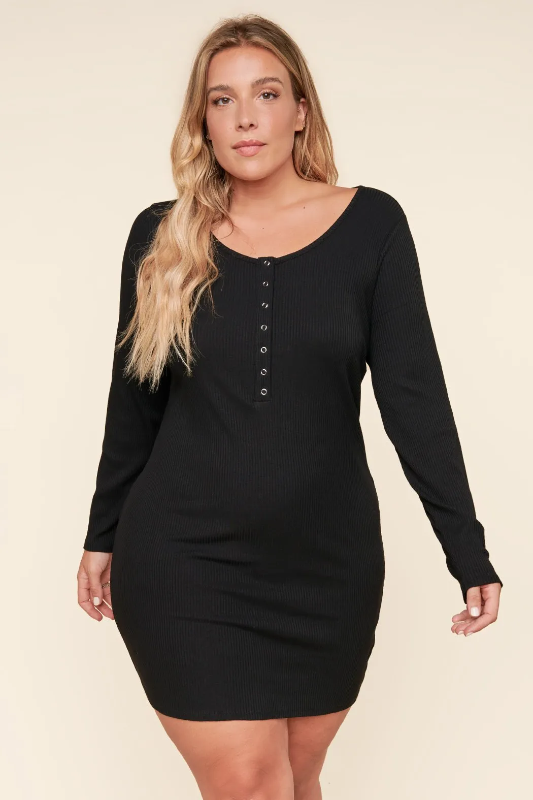 Avignon Ribbed Knit Long Sleeve Henley Mini Dress Curve sold by Sugarlips