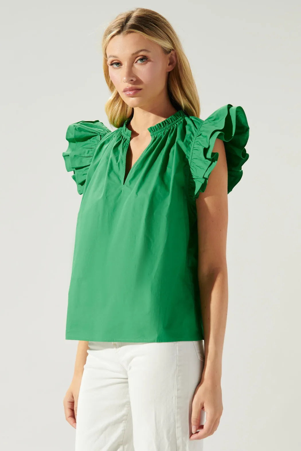 Risette Ruffle Cap Sleeve Split Neck Top sold by Sugarlips product image thumbnail 3