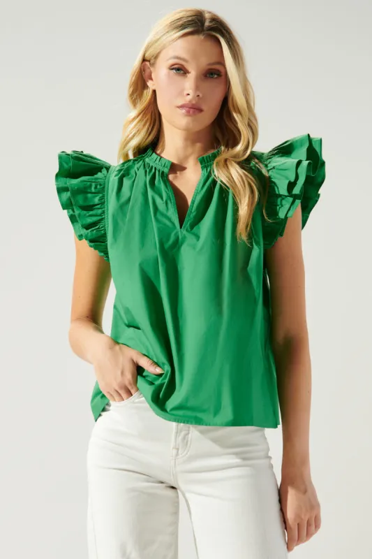 Risette Ruffle Cap Sleeve Split Neck Top sold by Sugarlips