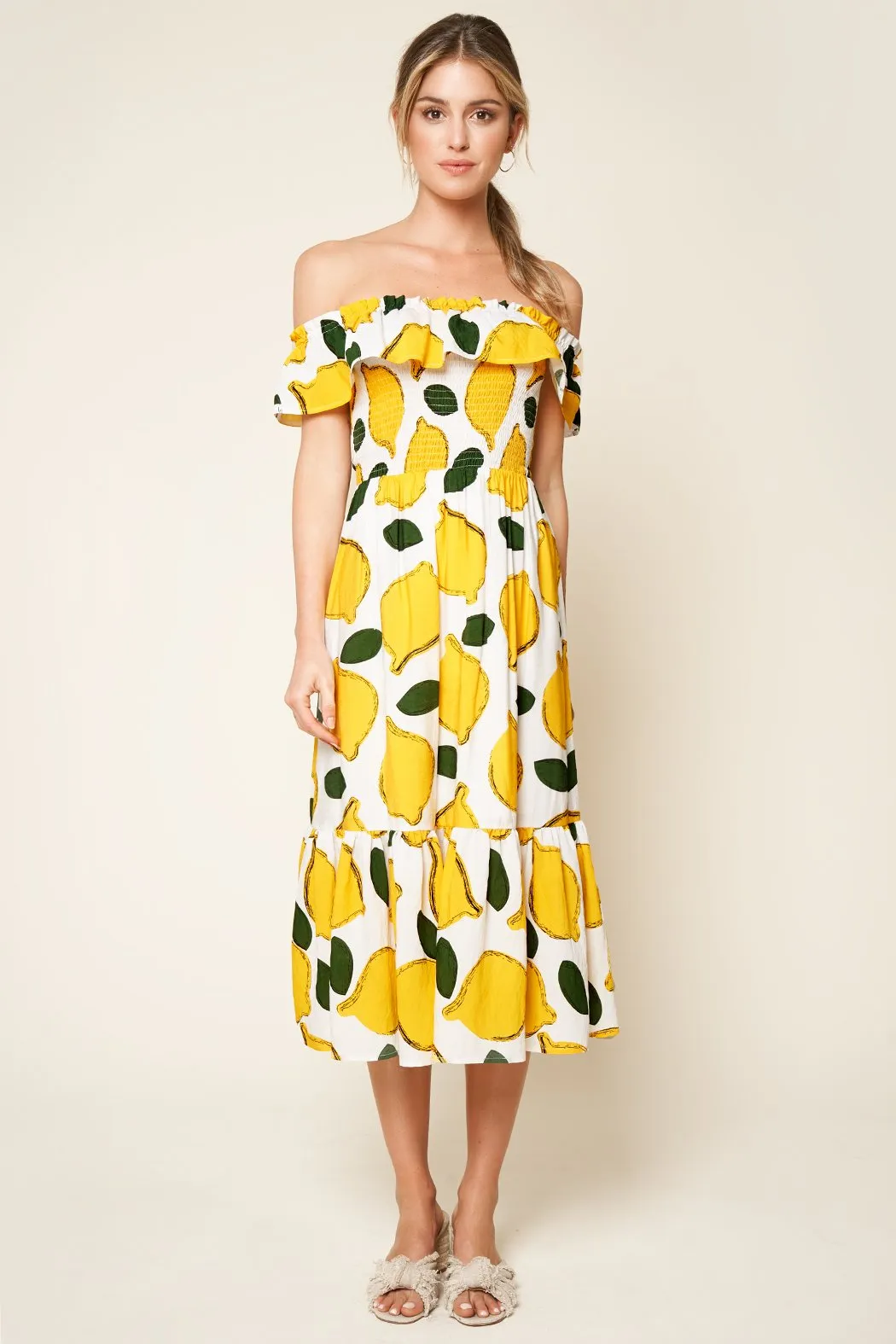 Pucker Up White Lemon Print Off The Shoulder Maxi Dress sold by Sugarlips