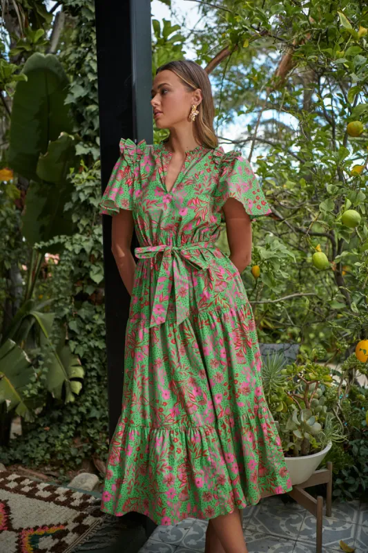 Jade Floral Escondido Tiered Shift Midi Dress sold by Sugarlips
