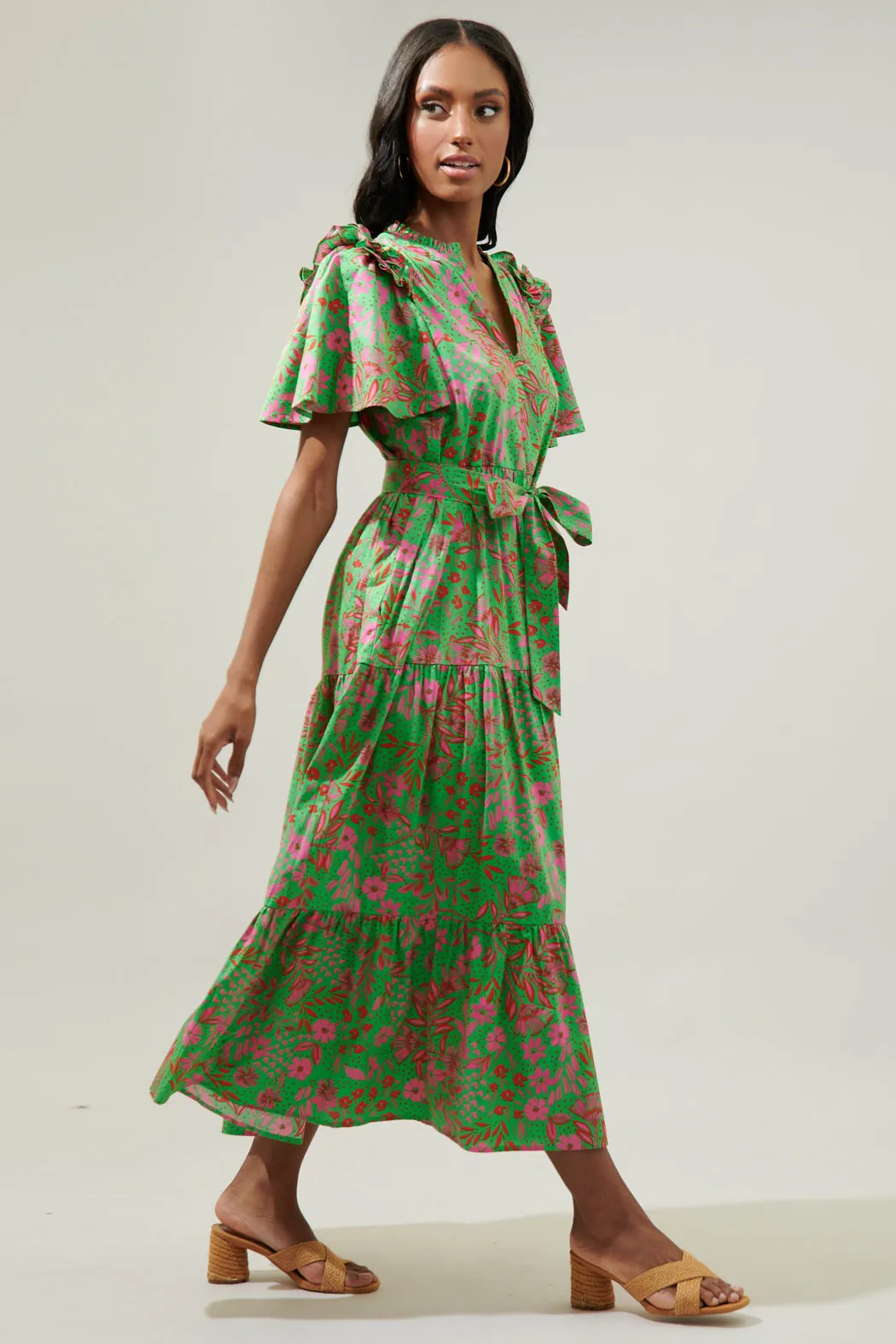Jade Floral Escondido Tiered Shift Midi Dress sold by Sugarlips product image thumbnail 4