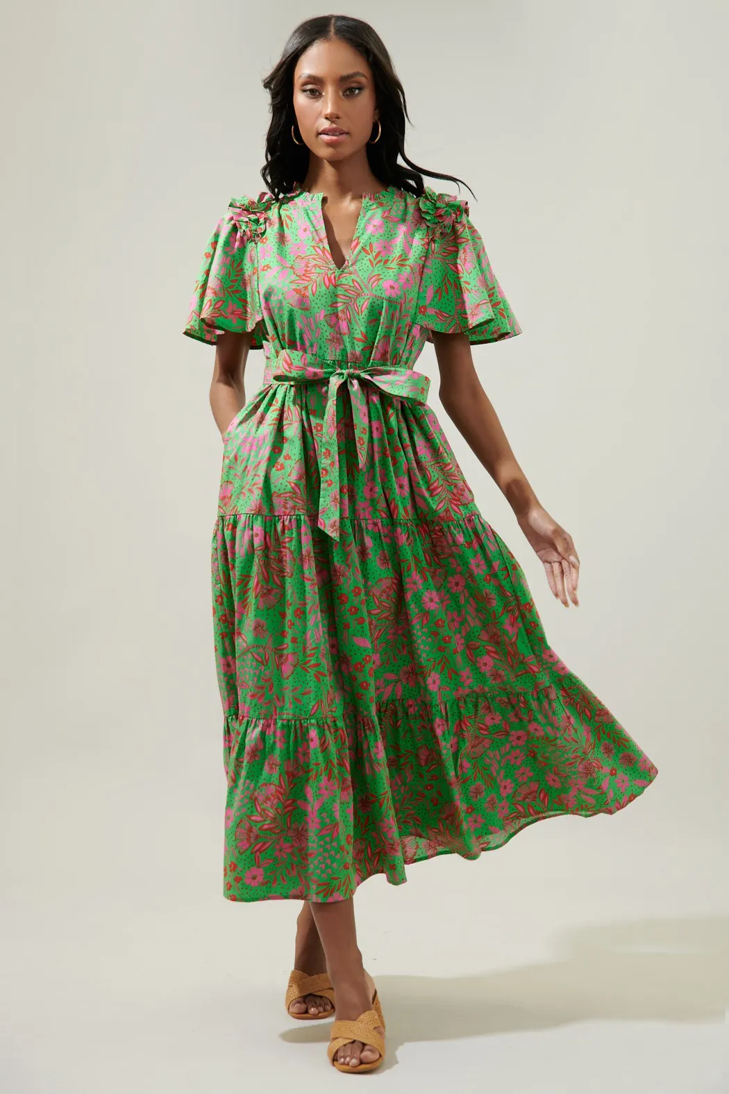 Jade Floral Escondido Tiered Shift Midi Dress sold by Sugarlips product image thumbnail 2