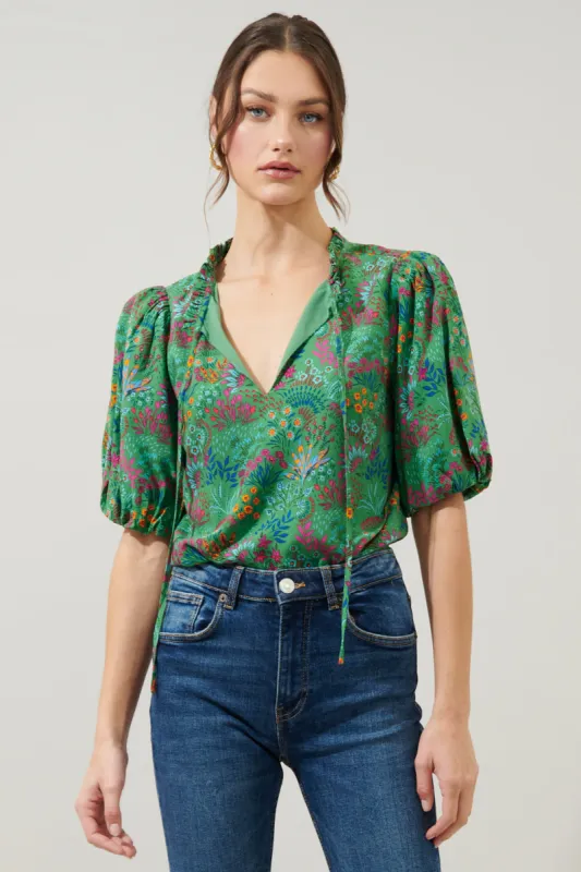 Ruya Floral Bluebay Puff Sleeve Blouse sold by Sugarlips
