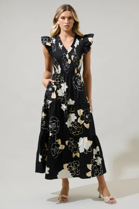 Cairan Rose Sunfire Smocked Bodice Tiered Midi Dress sold by Sugarlips