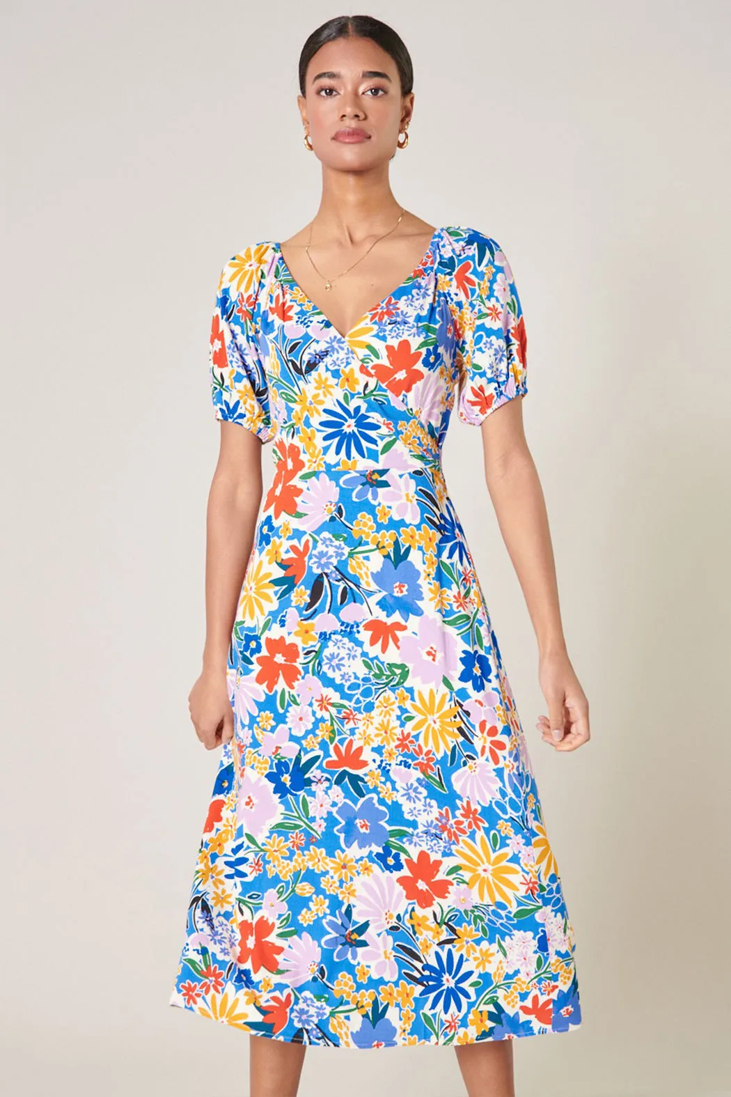 Ojai Floral Agave Puff Sleeve Midi Dress sold by Sugarlips
