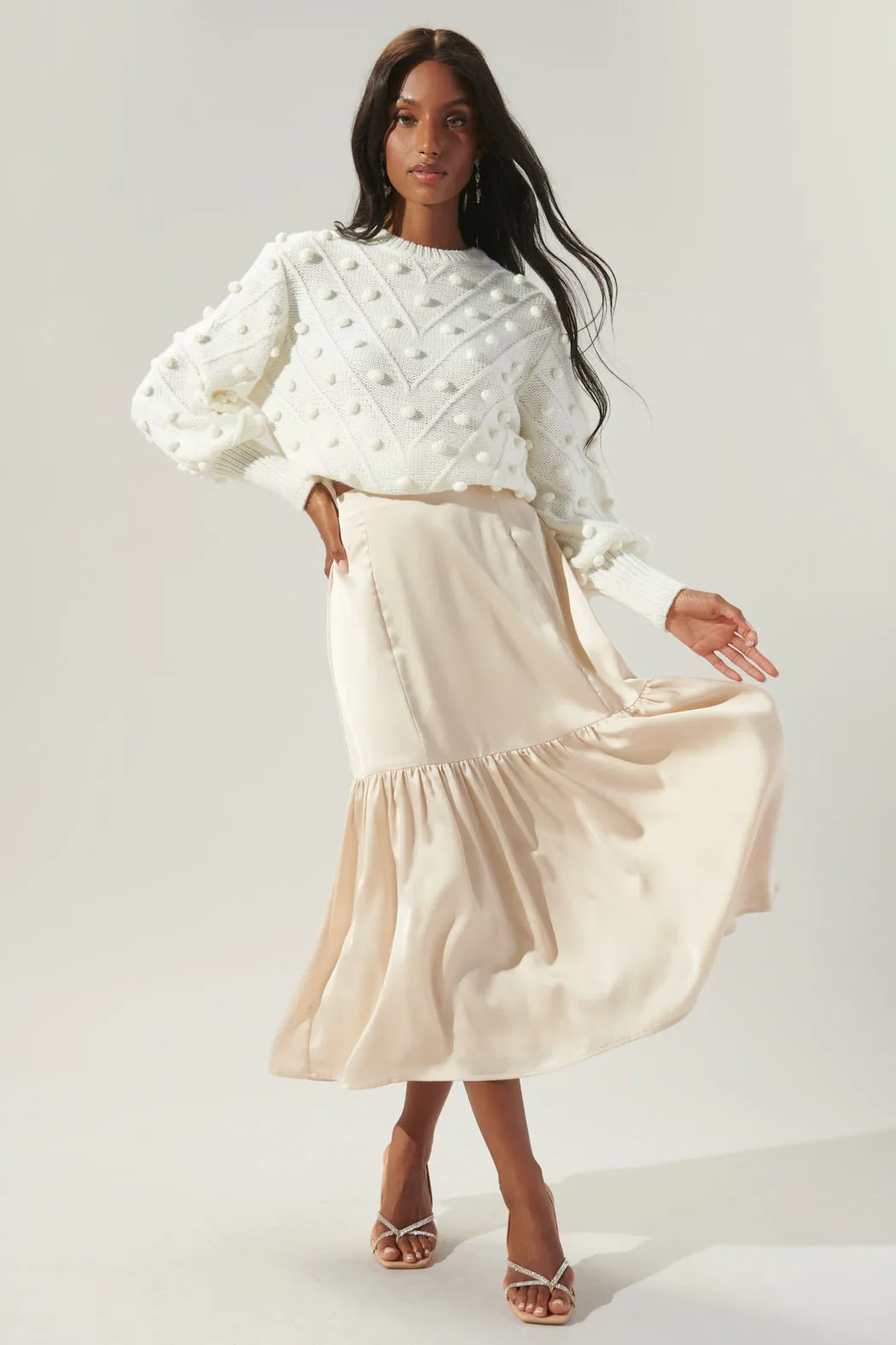 One and Only Tiered Satin Midi Skirt sold by Sugarlips