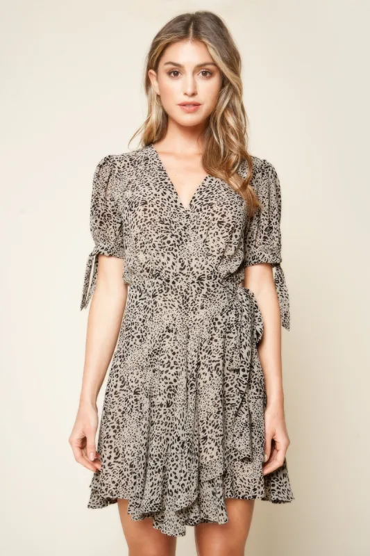 Fierce Feeling Leopard Print Tie Sleeve Wrap Dress sold by Sugarlips
