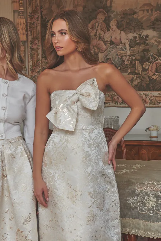 Lola Jacquard Bow Strapless Midi Dress sold by Sugarlips