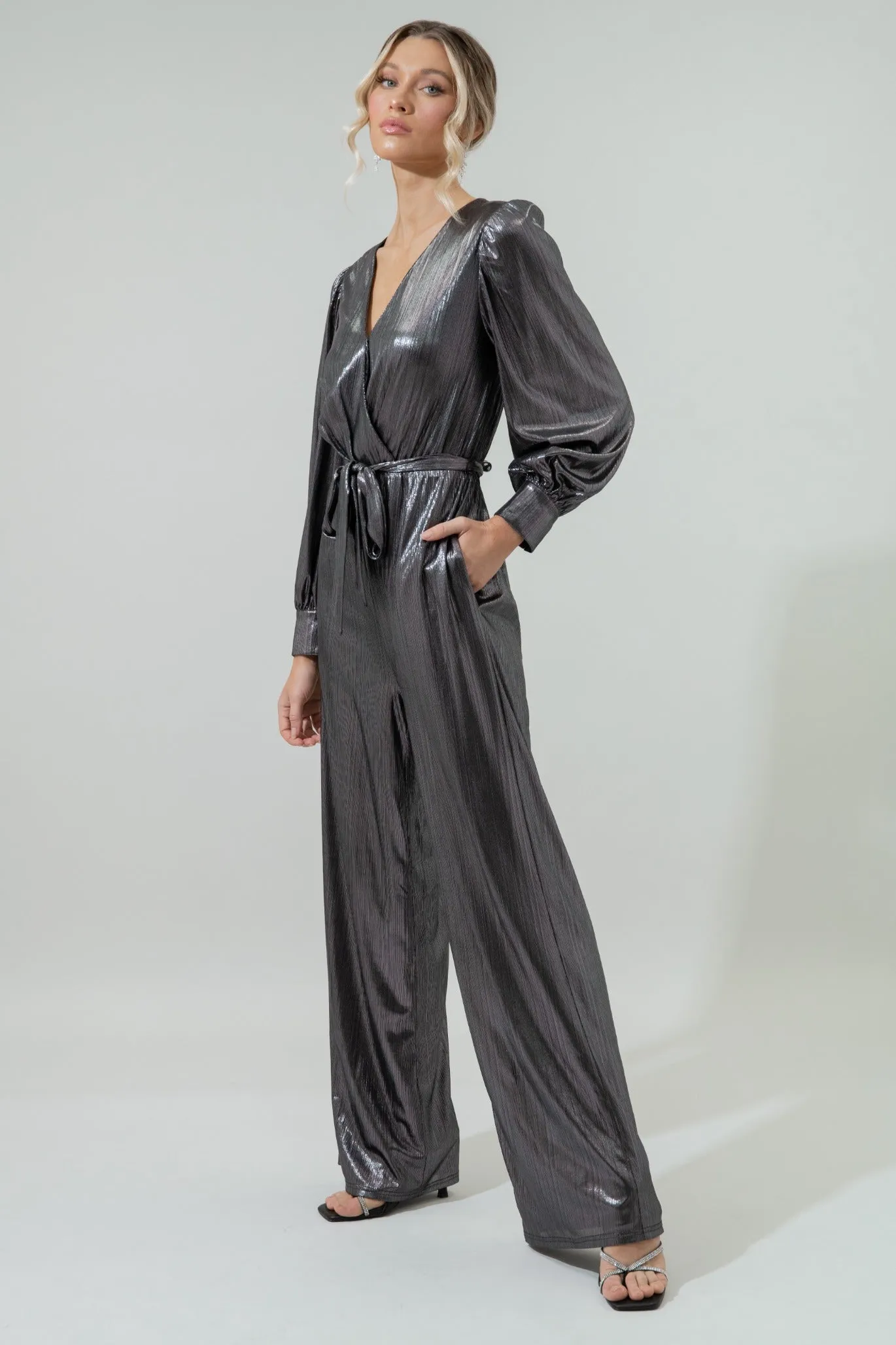 Pewter Metallic Rib Lurex Balloon Sleeve Jumpsuit sold by Sugarlips product image thumbnail 3