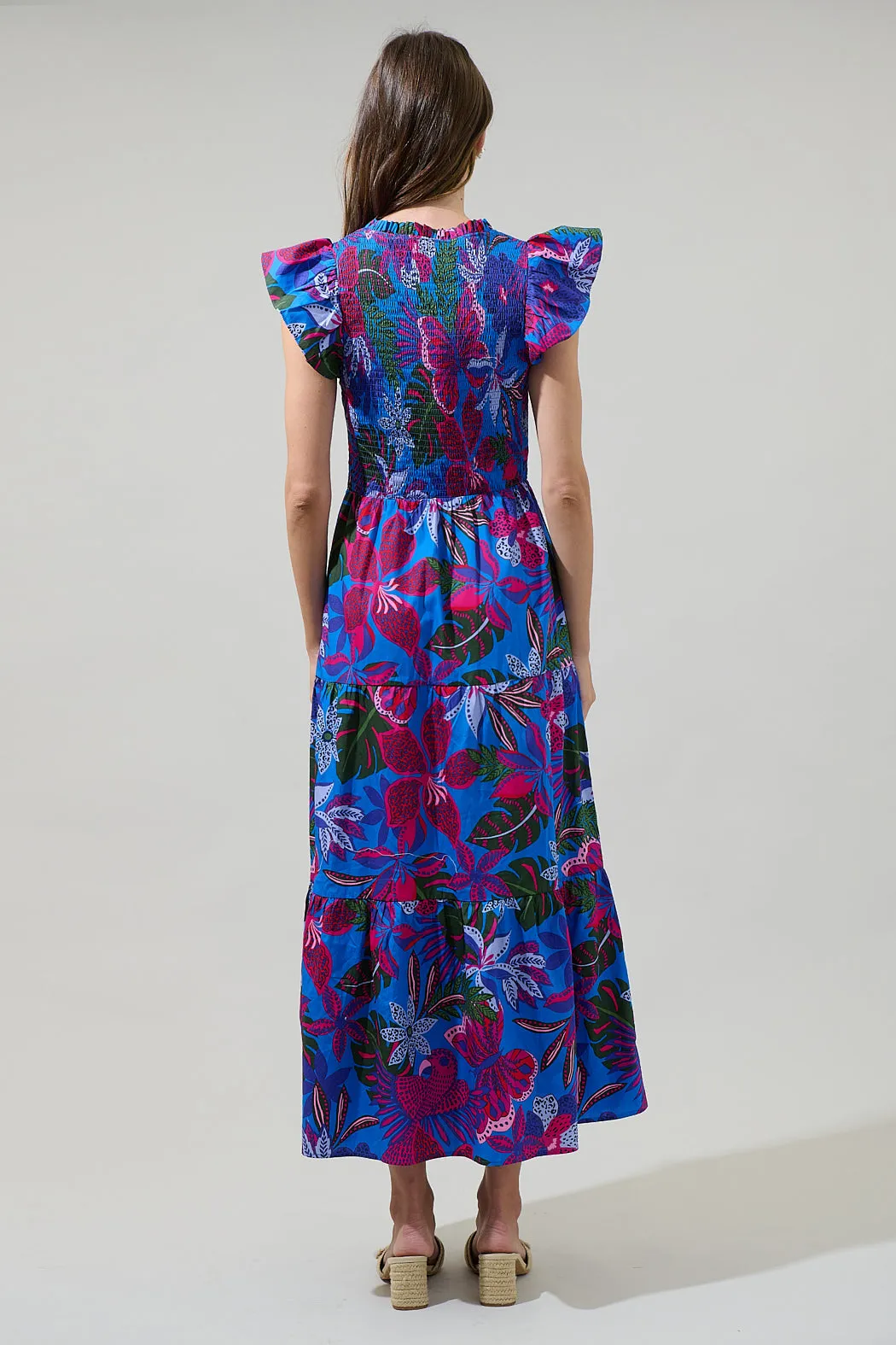 Mela Tropics Sunfire Smocked Bodice Tiered Midi Dress sold by Sugarlips product image thumbnail 2