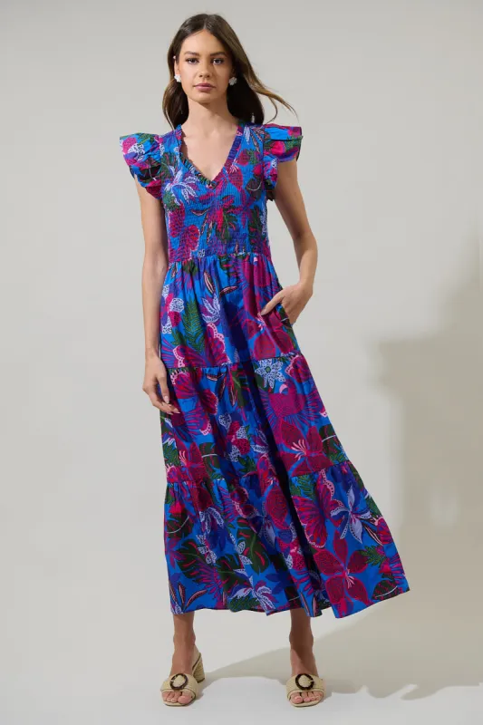 Mela Tropics Sunfire Smocked Bodice Tiered Midi Dress sold by Sugarlips