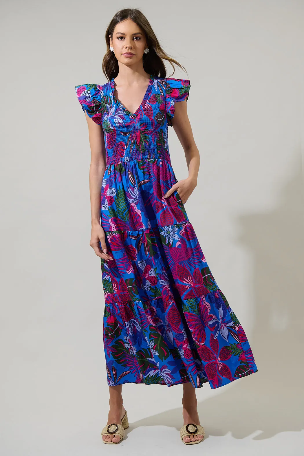 Mela Tropics Sunfire Smocked Bodice Tiered Midi Dress sold by Sugarlips