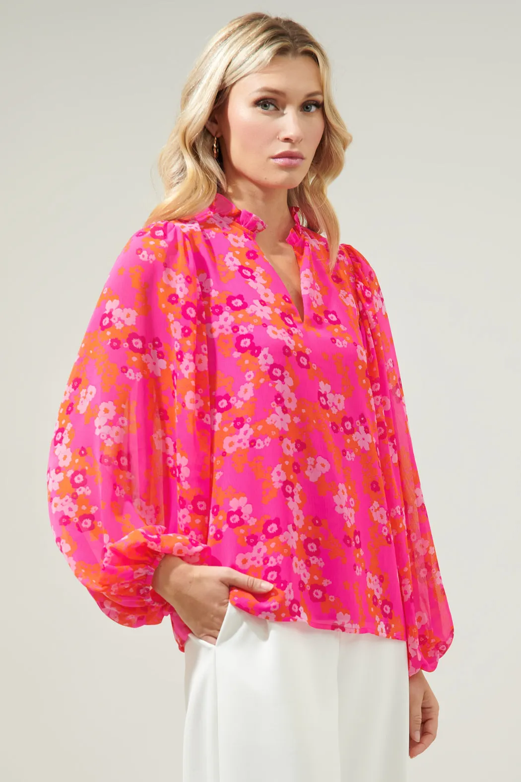 Poppy Punch Hathaway Split Neck Long Sleeve Blouse sold by Sugarlips product image thumbnail 3