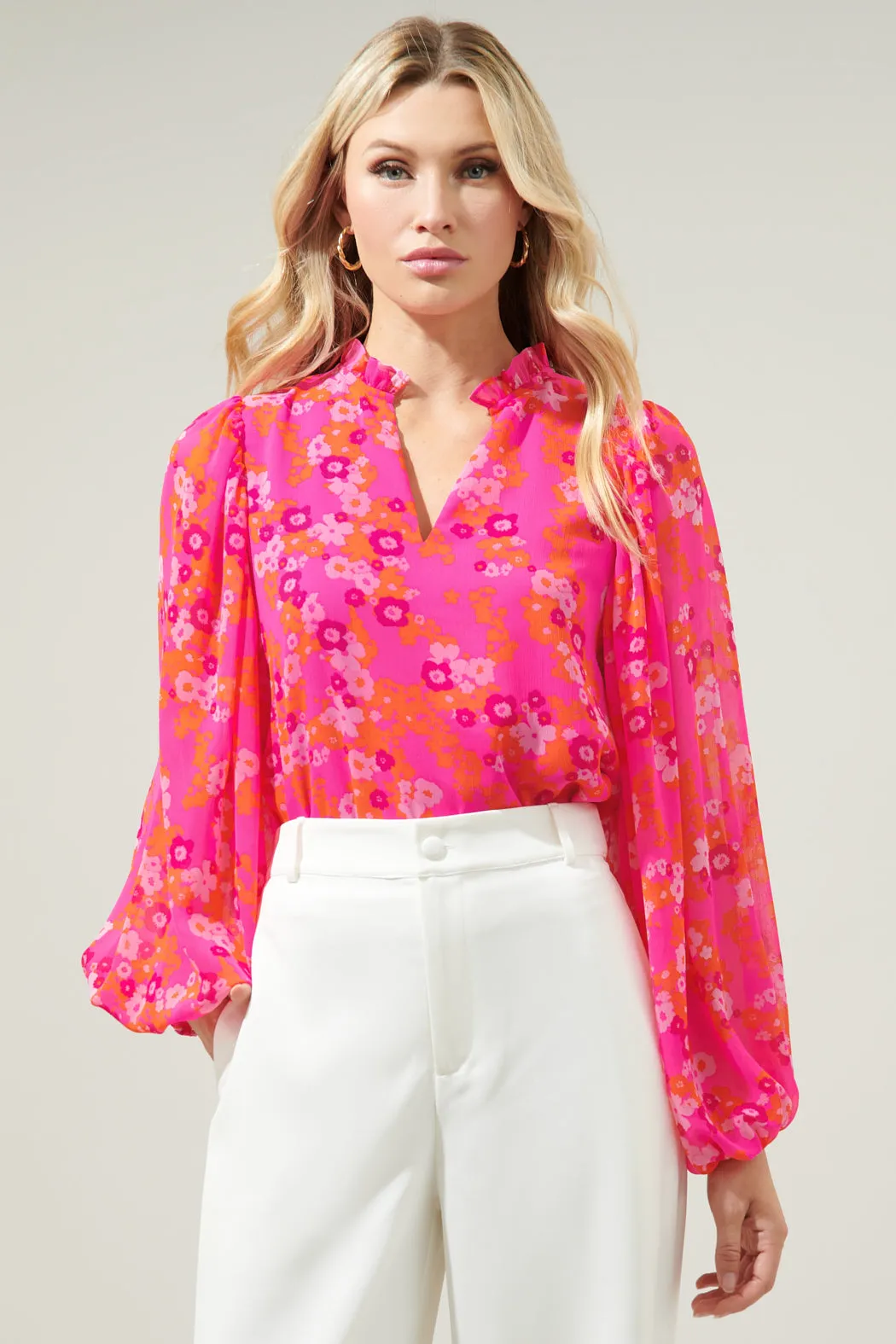 Poppy Punch Hathaway Split Neck Long Sleeve Blouse sold by Sugarlips