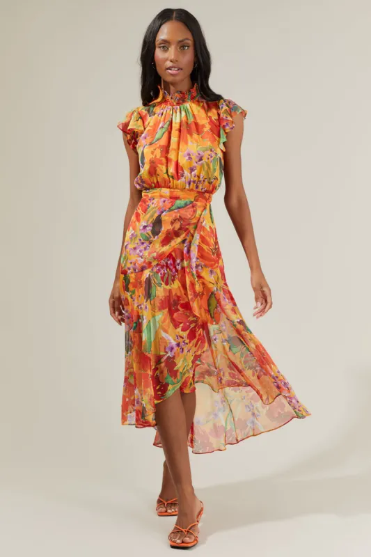 Delilah Floral Blouson Drape Tiered Midi Dress made by Sugarlips