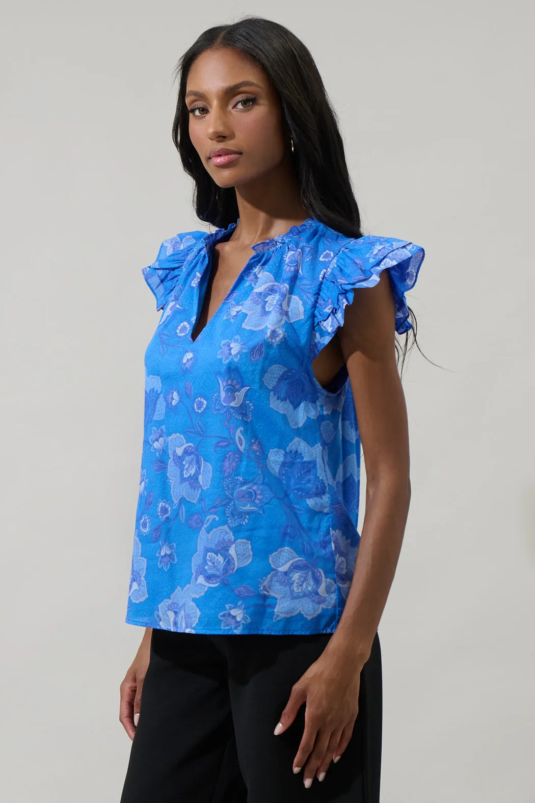 Selma Floral Claramay Ruffle Split Neck Top sold by Sugarlips product image thumbnail 3