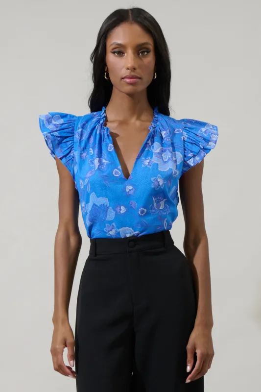 Selma Floral Claramay Ruffle Split Neck Top made by Sugarlips