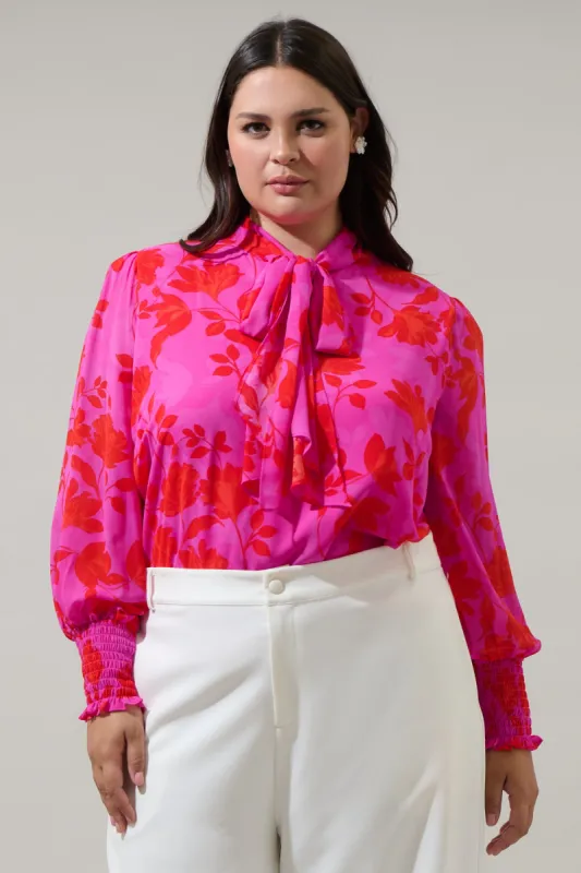 Kensie Floral Etienne Tie Neck Long Sleeve Blouse Curve made by Sugarlips
