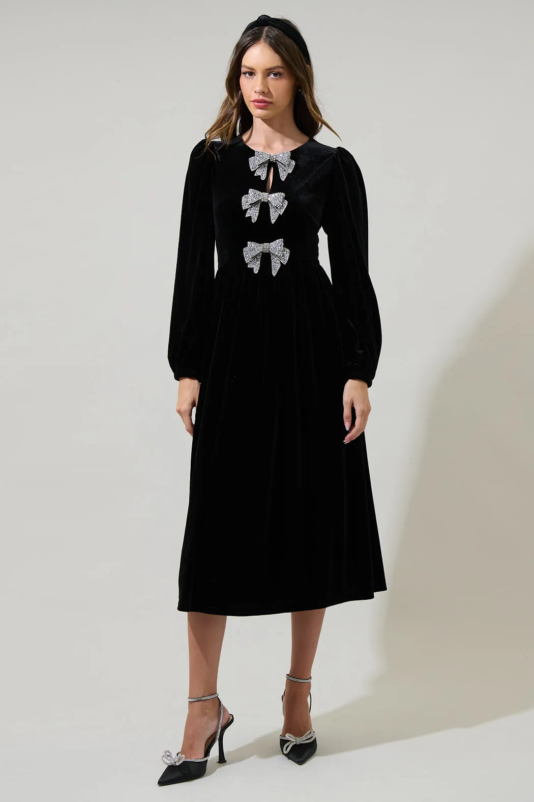 Jena Glow Bow Velvet Midi Dress sold by Sugarlips