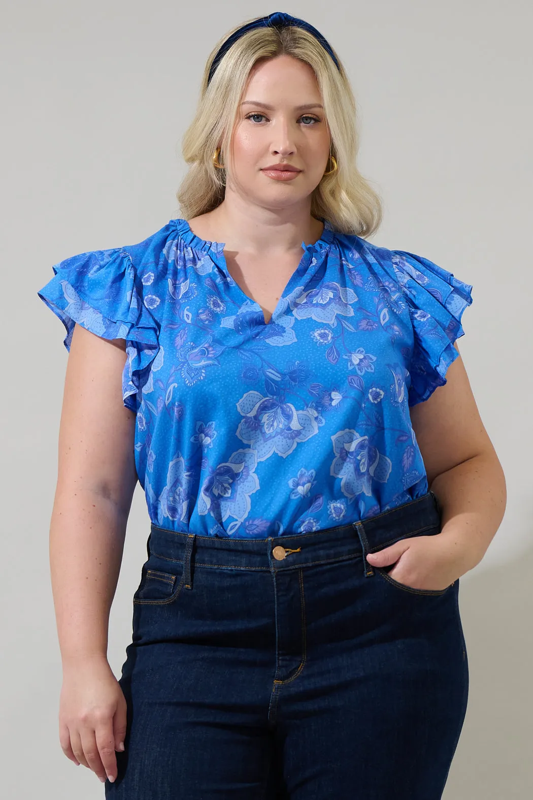 Selma Floral Claramay Ruffle Split Neck Top Curve sold by Sugarlips