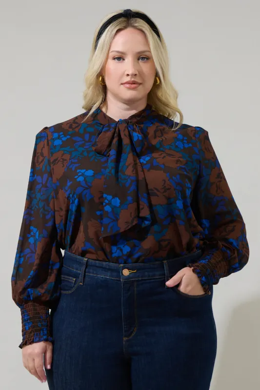 Lebanon Floral Etienne Tie Neck Long Sleeve Blouse Curve made by Sugarlips