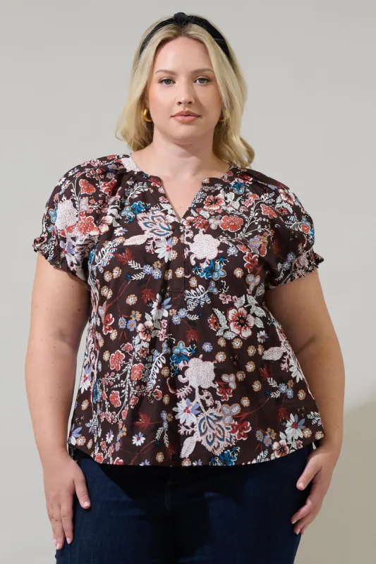 Journee Floral Jemma Ruffle Split Neck Top Curve made by Sugarlips