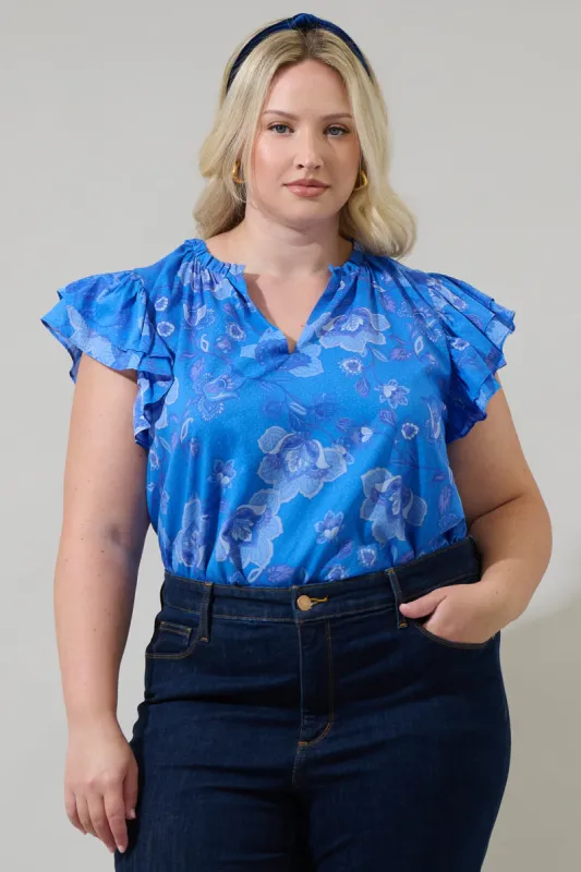 Selma Floral Claramay Ruffle Split Neck Cotton Voile Top Curve made by Sugarlips
