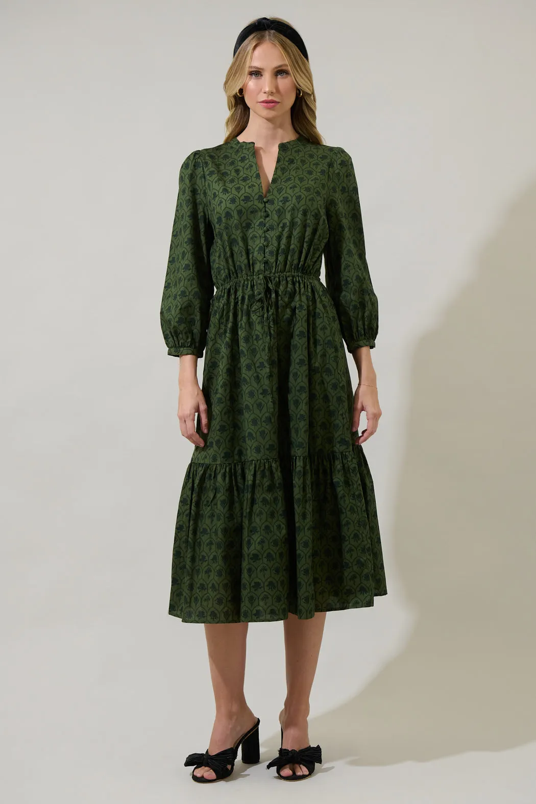 Zinnia Floral Split Neck Midi Dress sold by Sugarlips