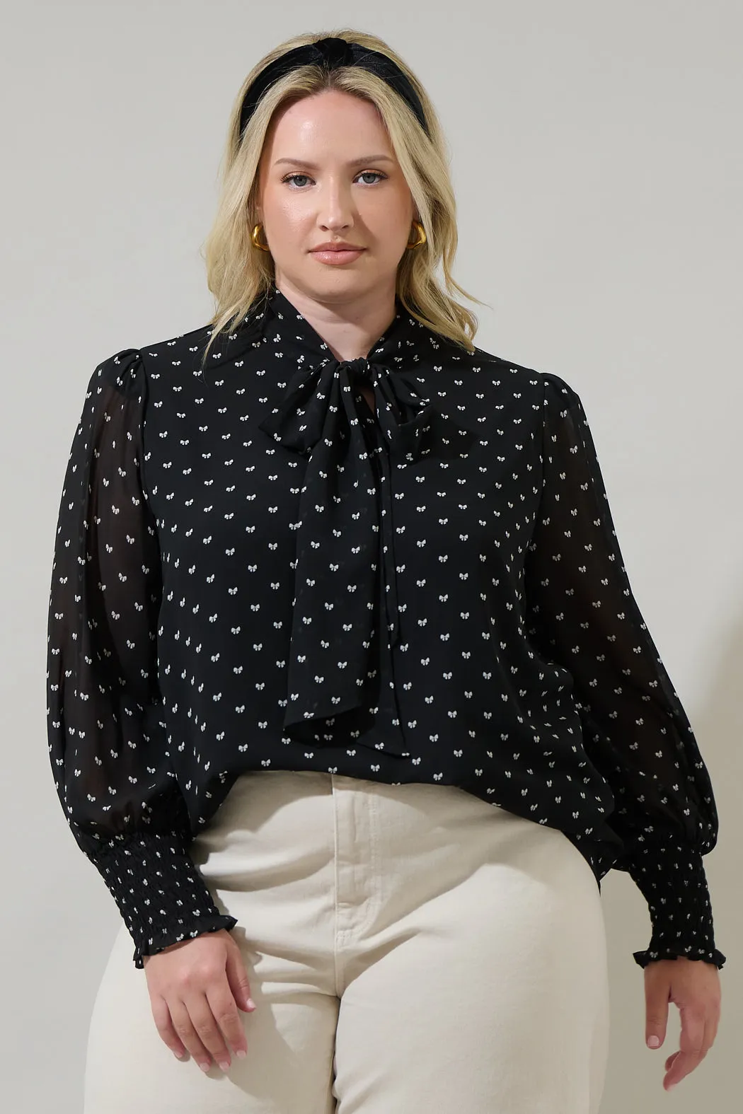 Rosaly Bow Etienne Tie Neck Long Sleeve Blouse Curve sold by Sugarlips