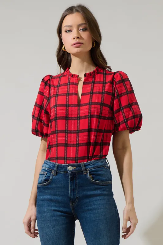 Woodland Red Plaid Split Neck Blouse sold by Sugarlips