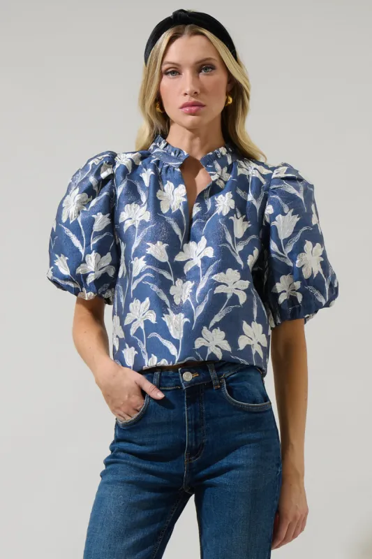Blakely Floral Jacquard Split Neck Top sold by Sugarlips