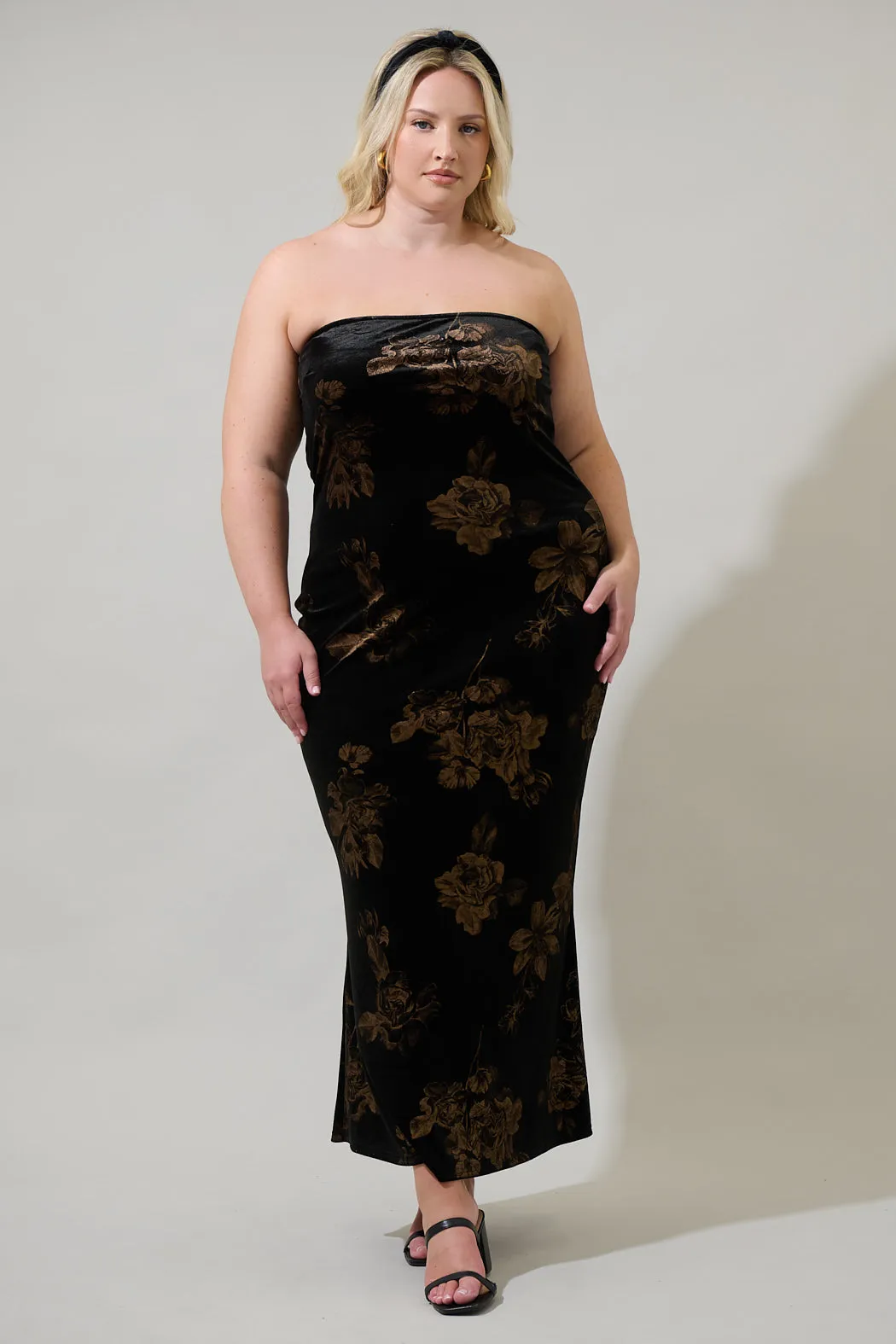 Ace Floral Dynamite Velvet Strapless Maxi Dress Curve sold by Sugarlips