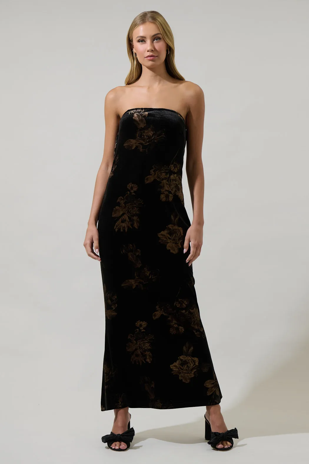 Ace Floral Dynamite Velvet Strapless Maxi Dress sold by Sugarlips