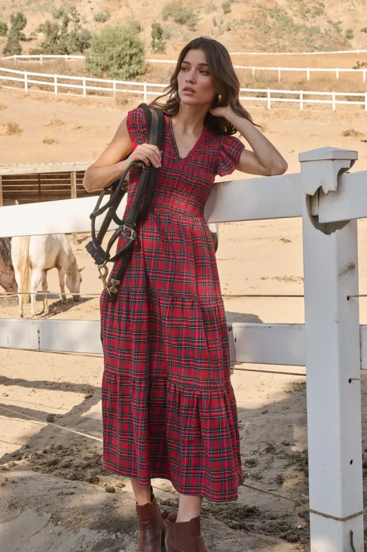 Arvada Plaid Sunfire Smocked Bodice Tiered Midi Dress sold by Sugarlips