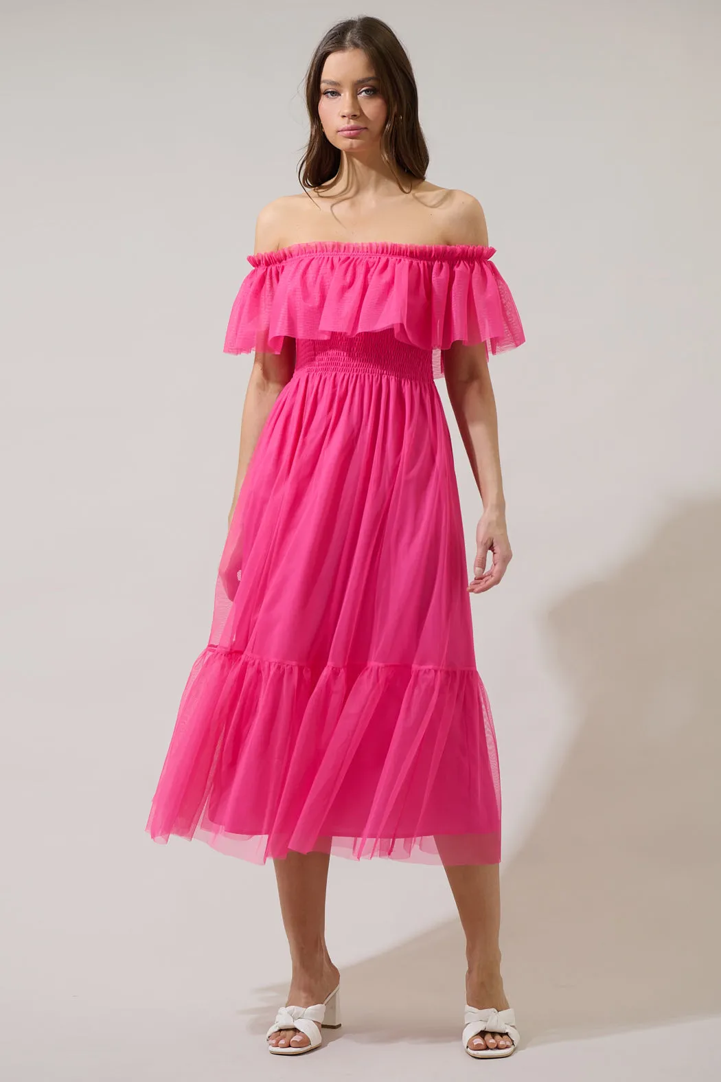 Trace Tulle Off the Shoulder Midi Dress sold by Sugarlips