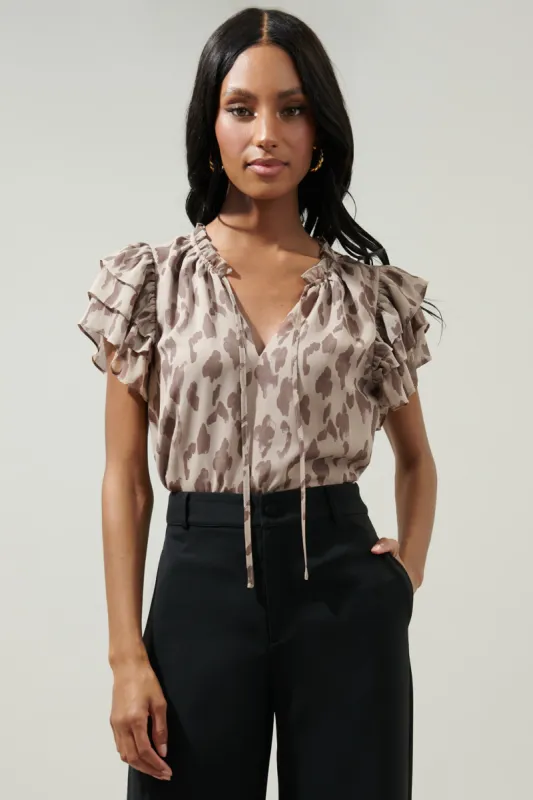 Sandalwood Leopard Montie Ruffle Tie Neck Blouse sold by Sugarlips