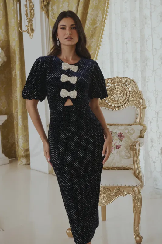 Nelly Dot Velvet Pearl Bow Midi Dress sold by Sugarlips