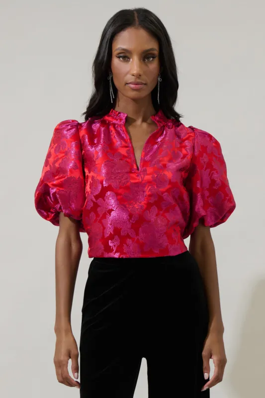 Duson Floral Jacquard Split Neck Top sold by Sugarlips