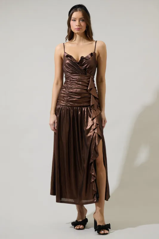 Rina Metallic Bristol Ruched Maxi Dress sold by Sugarlips