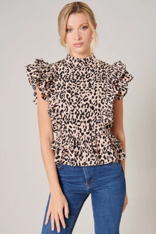 Leopard Aubrie Mock Neck Ruffle Peplum Blouse sold by Sugarlips