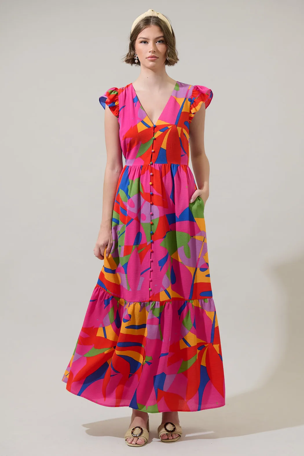 Soleil Abstract Evianna Button Down Flutter Maxi Dress sold by Sugarlips