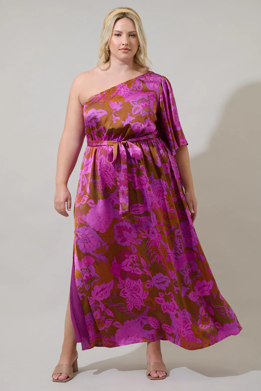 Lorian Floral Meara One Shoulder Satin Maxi Dress Curve sold by Sugarlips product image thumbnail 4