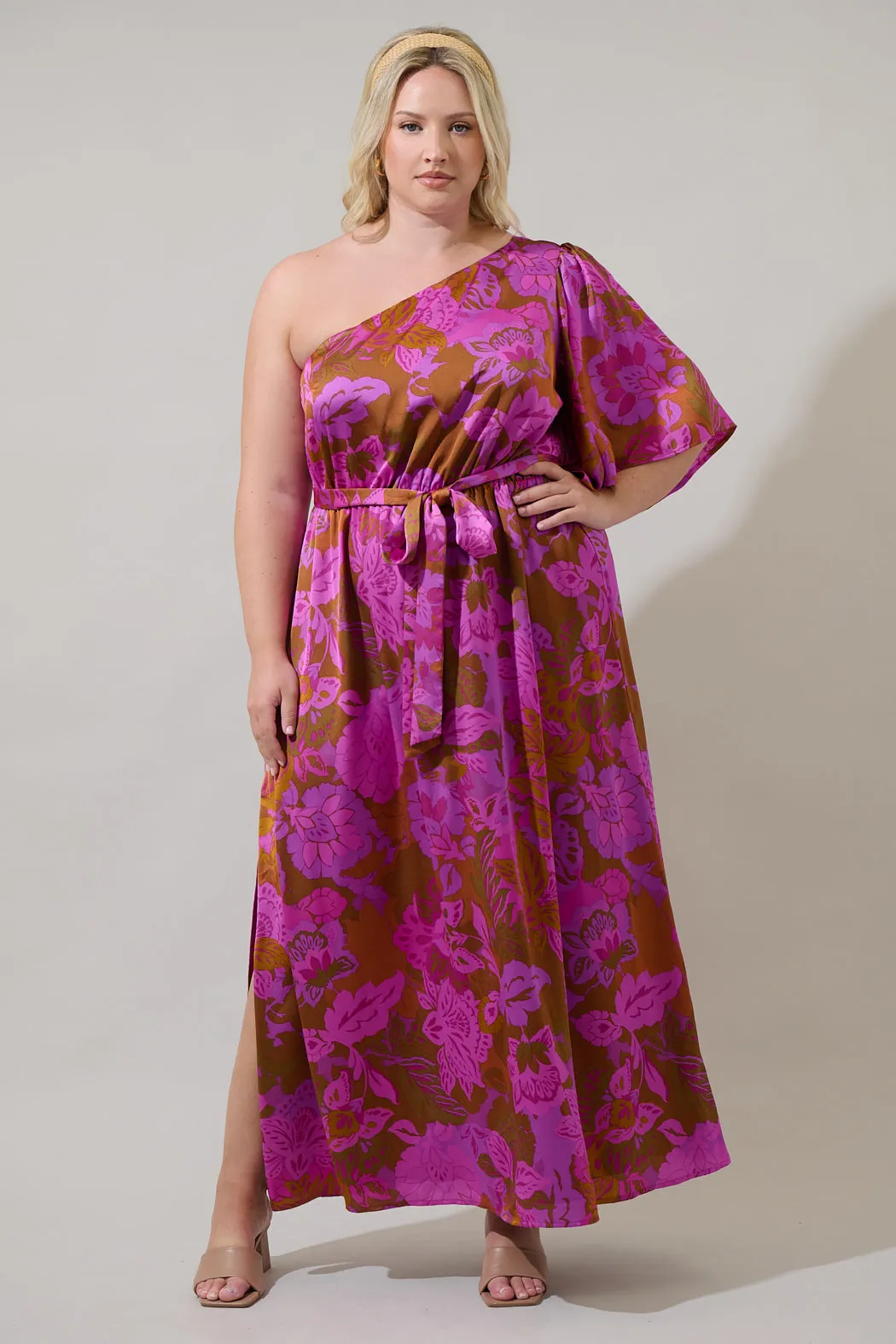 Lorian Floral Meara One Shoulder Satin Maxi Dress Curve sold by Sugarlips