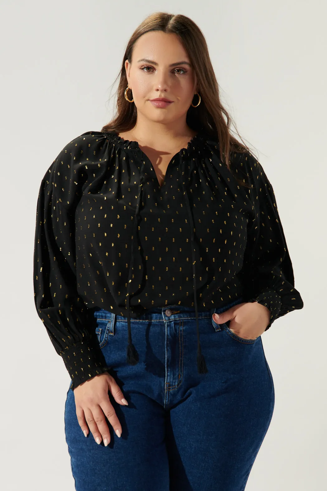 Cyra Gold Fleck Weylin Split Neck Tassel Blouse Curve sold by Sugarlips