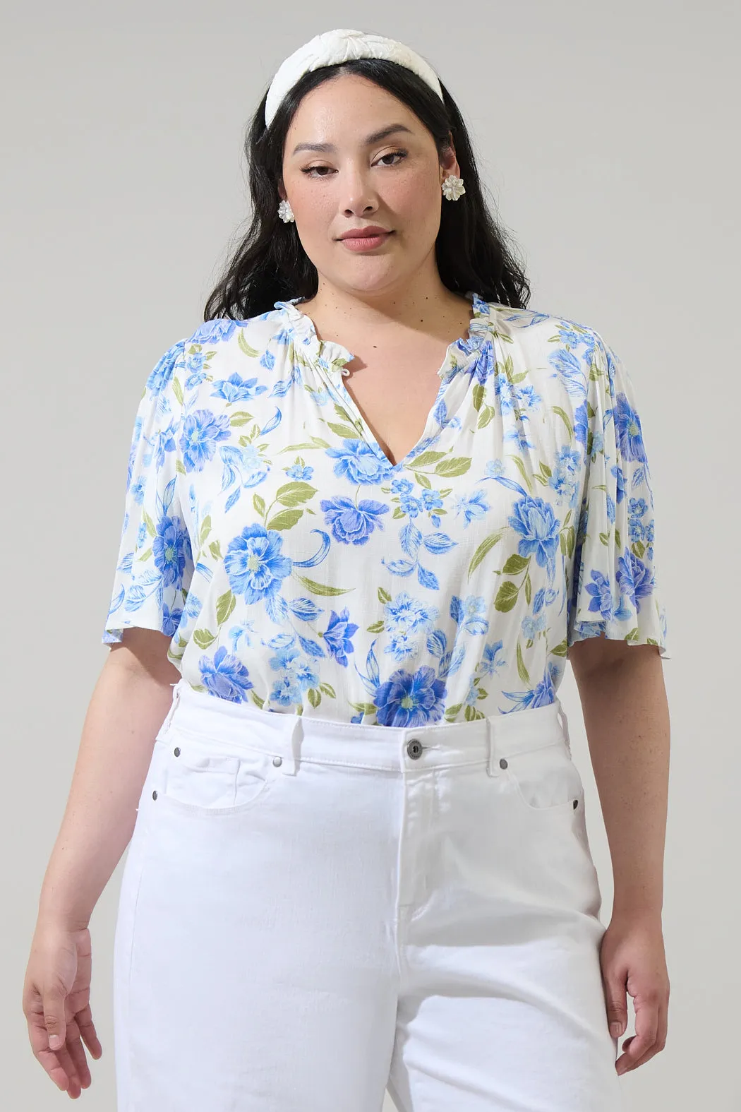 Milla Floral Ruffle Split Neck Dupont Top Curve sold by Sugarlips