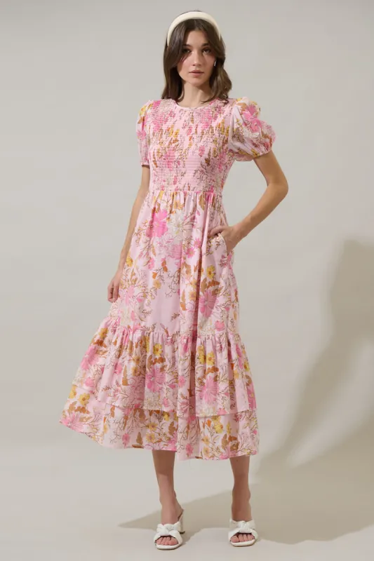 Solanda Floral Aruba Smocked Midi Dress sold by Sugarlips