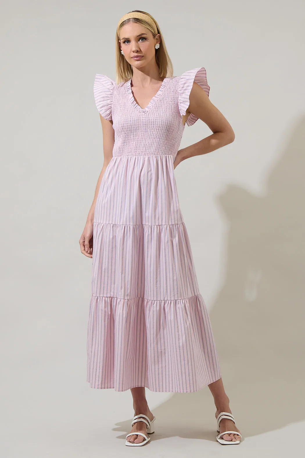 Lula Striped Sunfire Tiered Midi Dress sold by Sugarlips