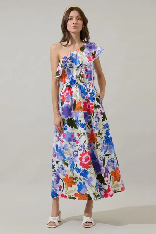 Amania Floral Suraya One Shoulder Midi Dress sold by Sugarlips